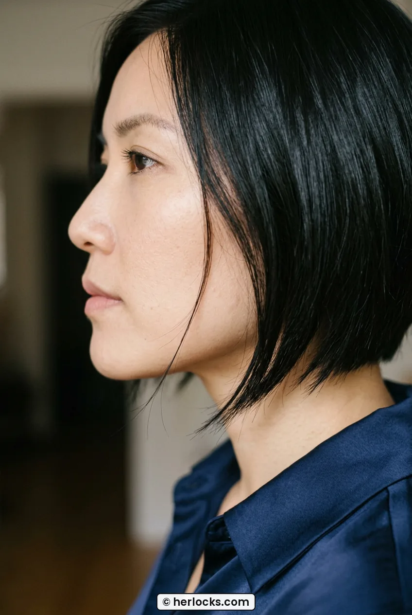 Woman with angled black bob longer in front showing deep side part closeup