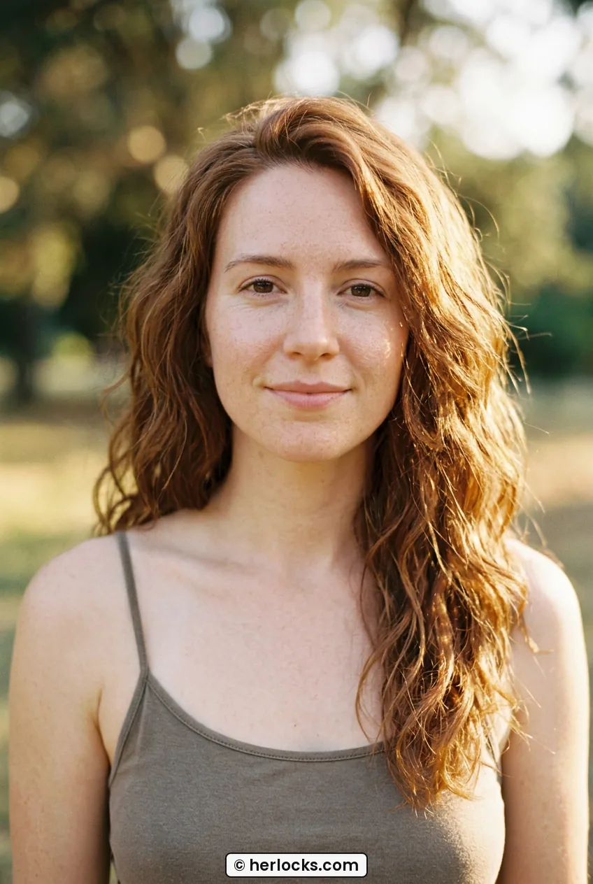 Woman with auburn medium length wavy layered hair with natural air-dried texture