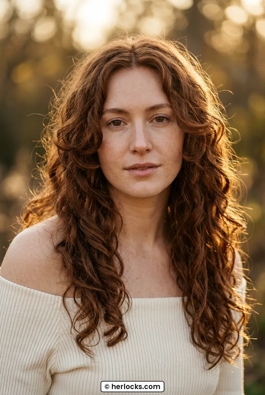 Woman with long auburn curls and face framing layers around chin level
