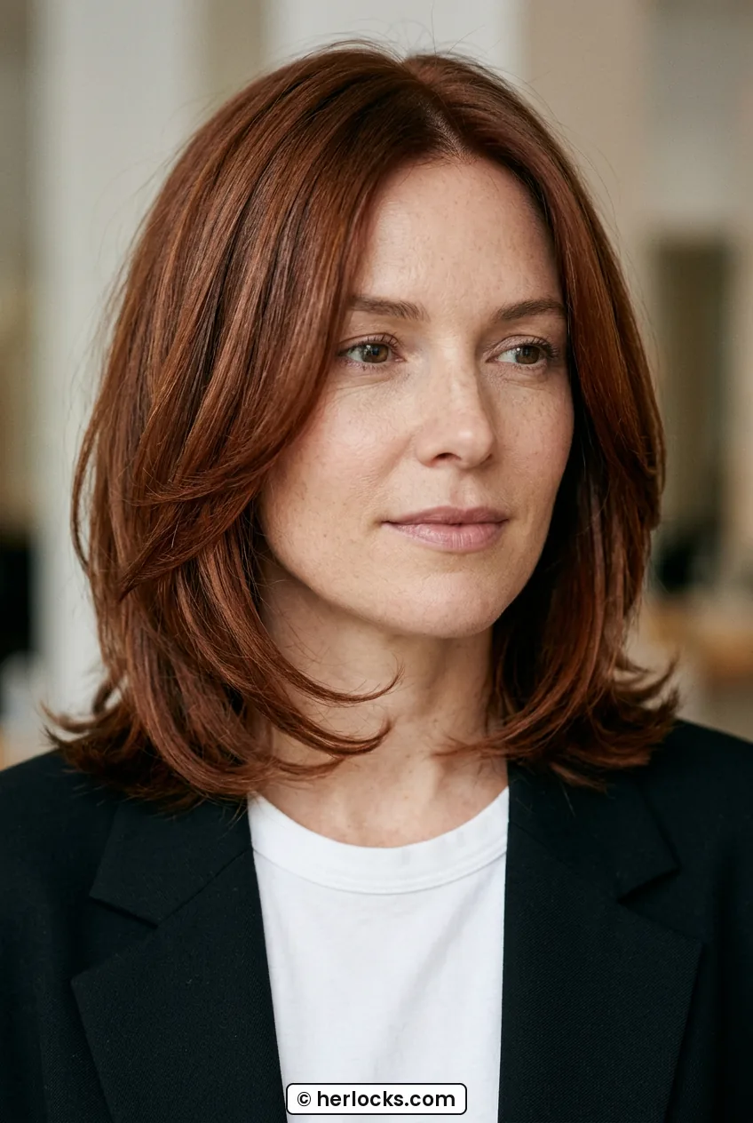 Woman with auburn layered hair showing polished bends and smooth tendrils around jaw