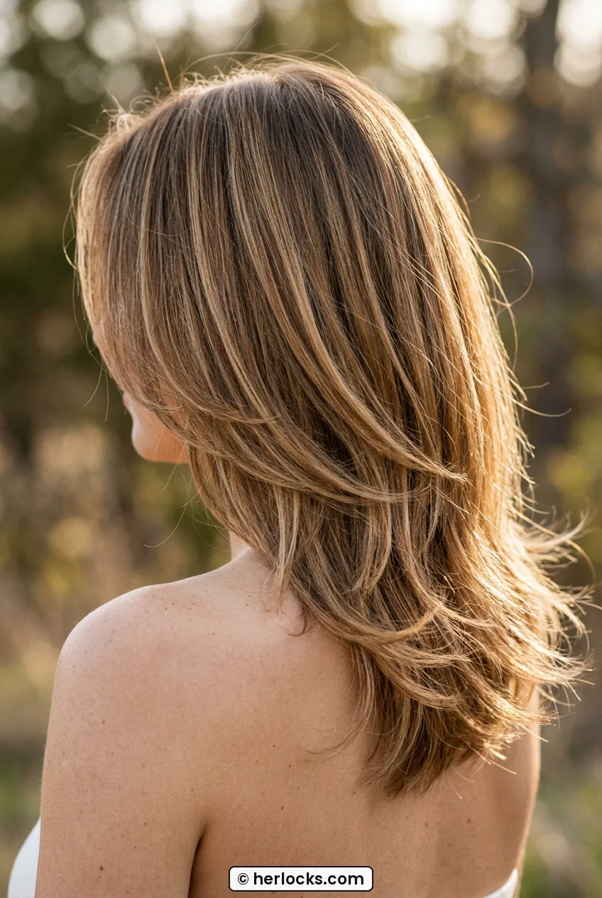 Woman with balayage layered shoulder hair showing full feathered ends in side light