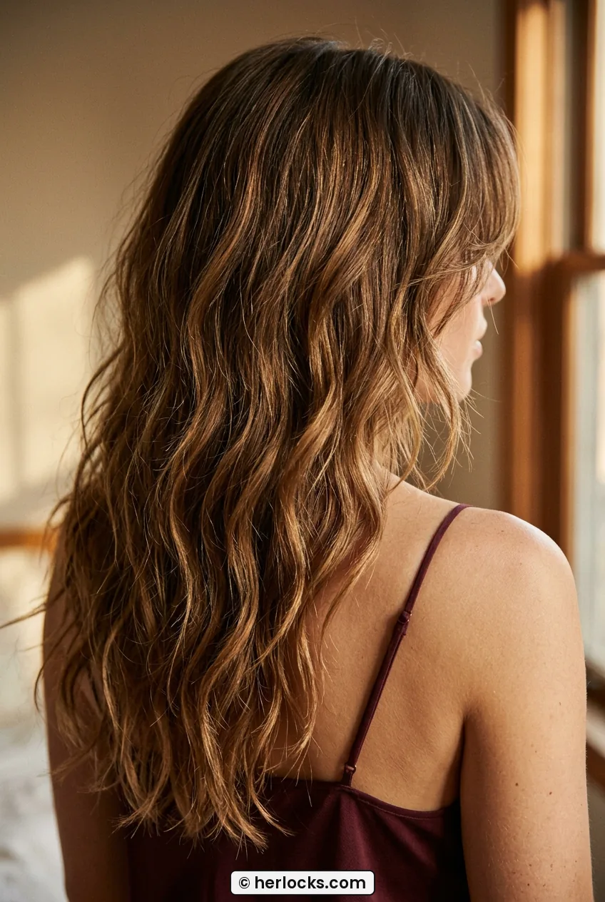 Over shoulder view of woman with caramel balayage long shag waves down her back
