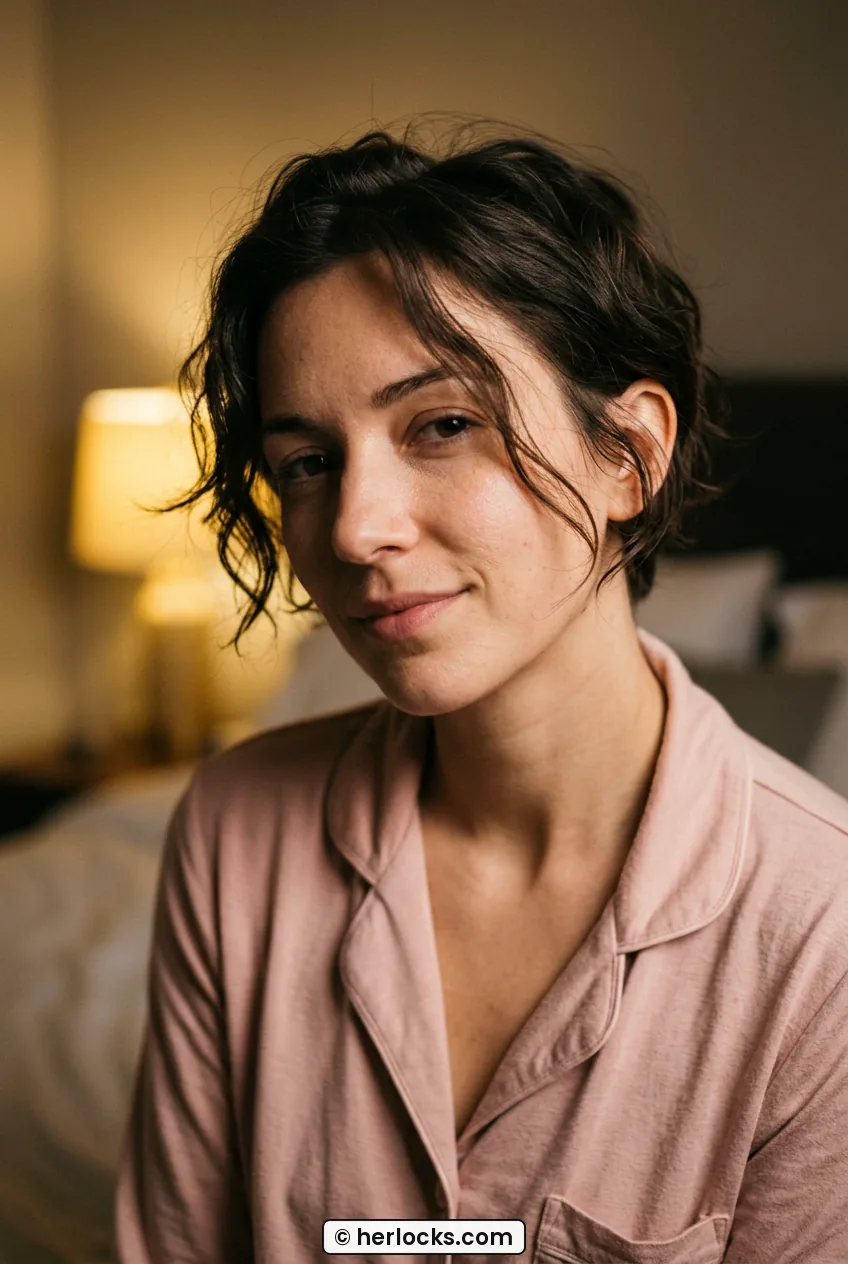 Woman with soft air dried long pixie waves and relaxed ends at bedtime