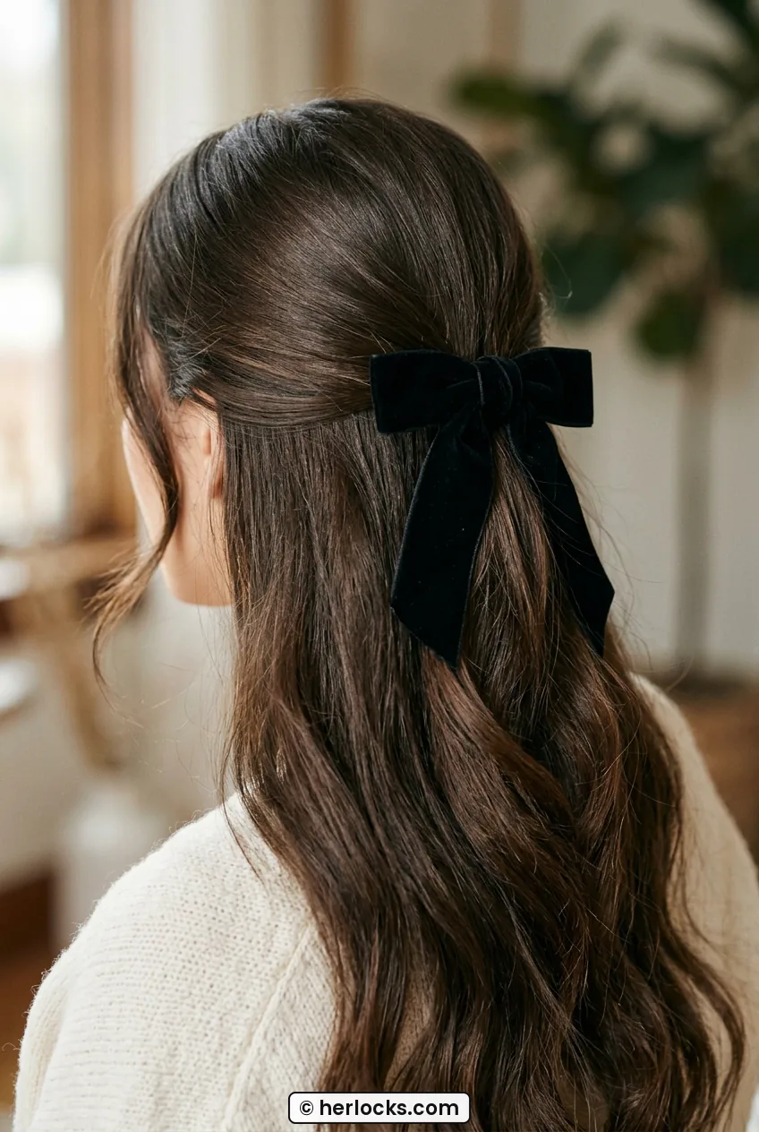 Close three-quarter behind view of smooth half-up hair secured with black velvet bow