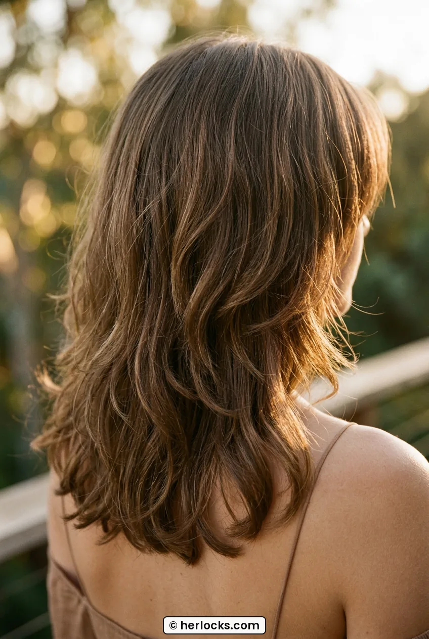 Back view over shoulder showing blended layers in shoulder length wavy hair