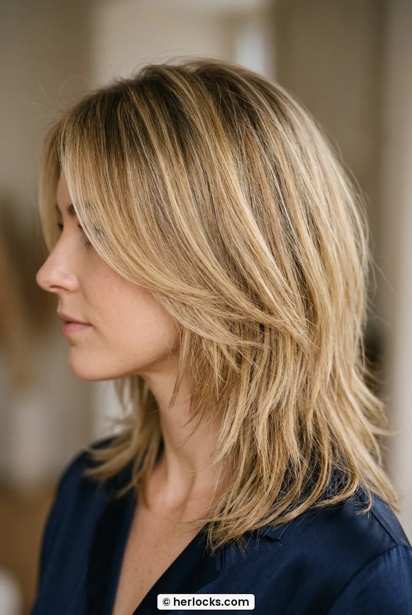Woman with blonde layered hair in side profile showing angled face frame at jawline