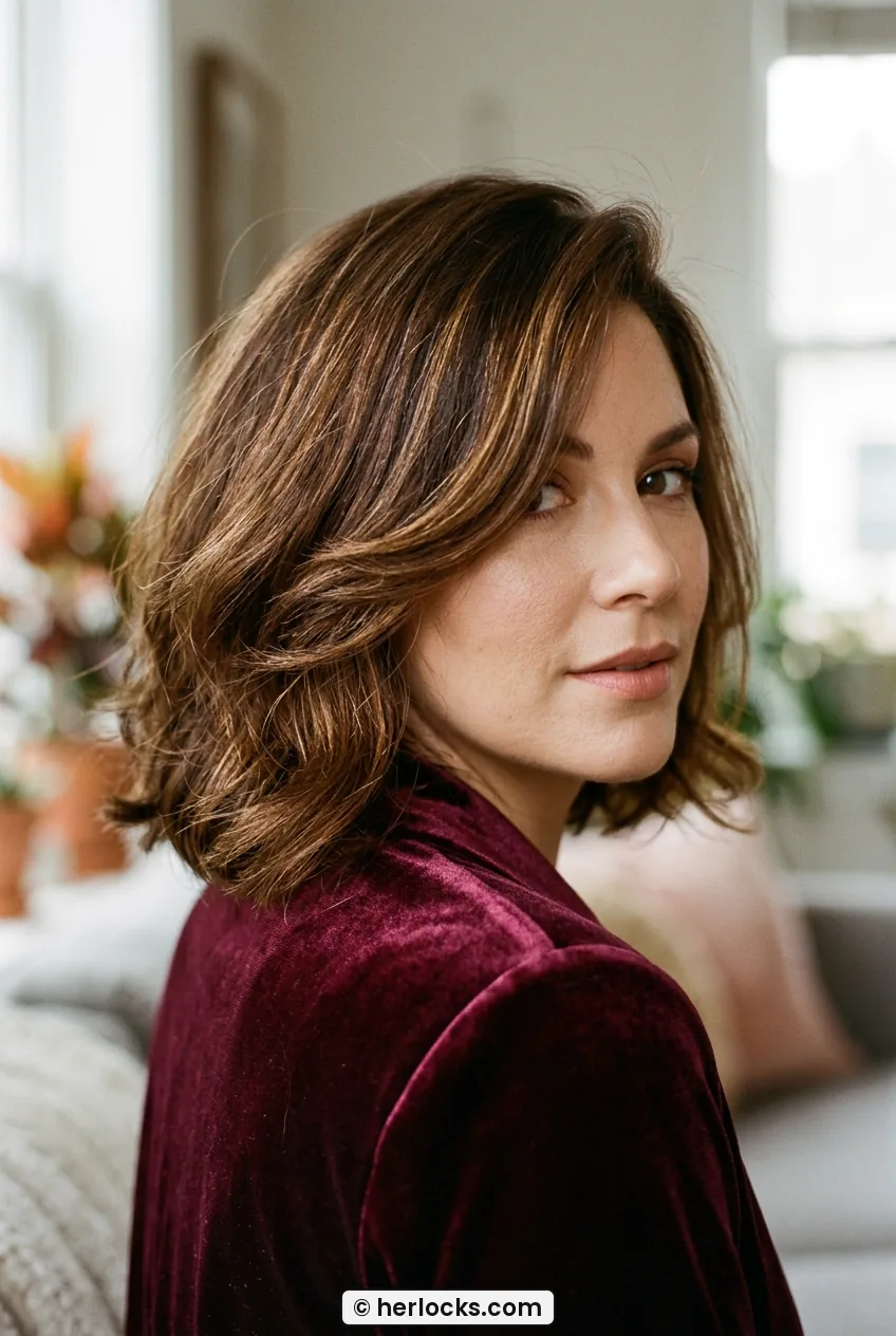 Woman with bouncy side swept bob with caramel highlights over shoulder view