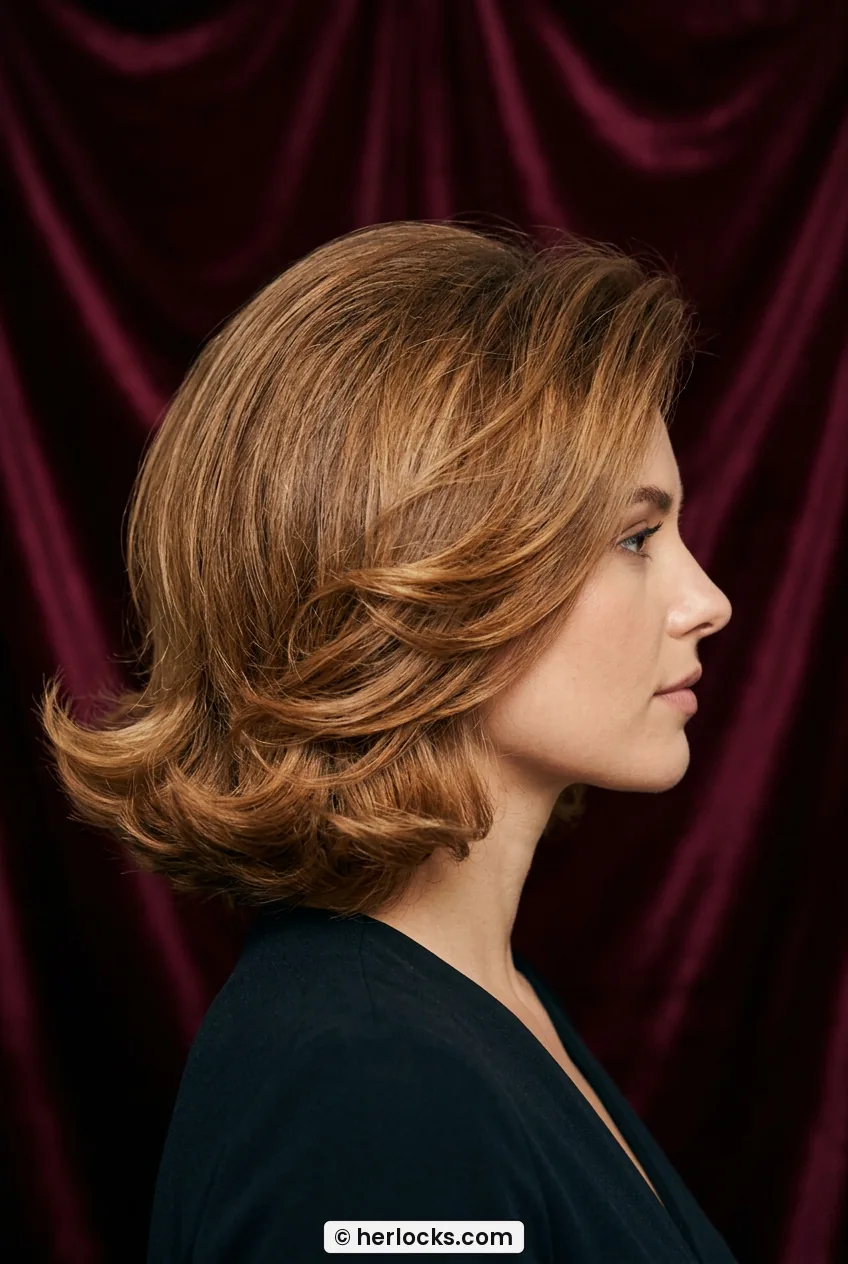 Woman with caramel short blowout showing flipped out feathered ends in profile