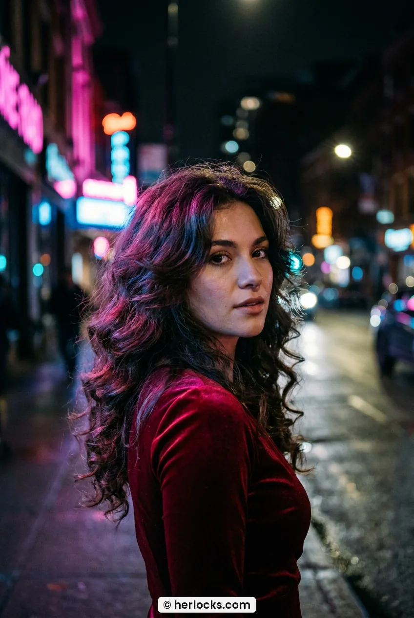 Woman with big voluminous layered curls falling past shoulders at night