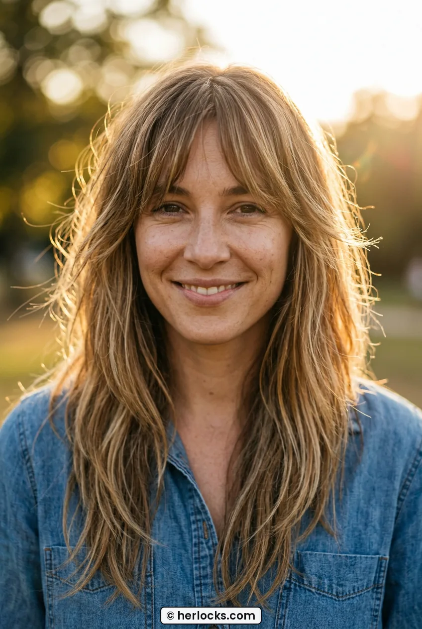 Woman with long layered hair and bottleneck bangs with natural textured movement