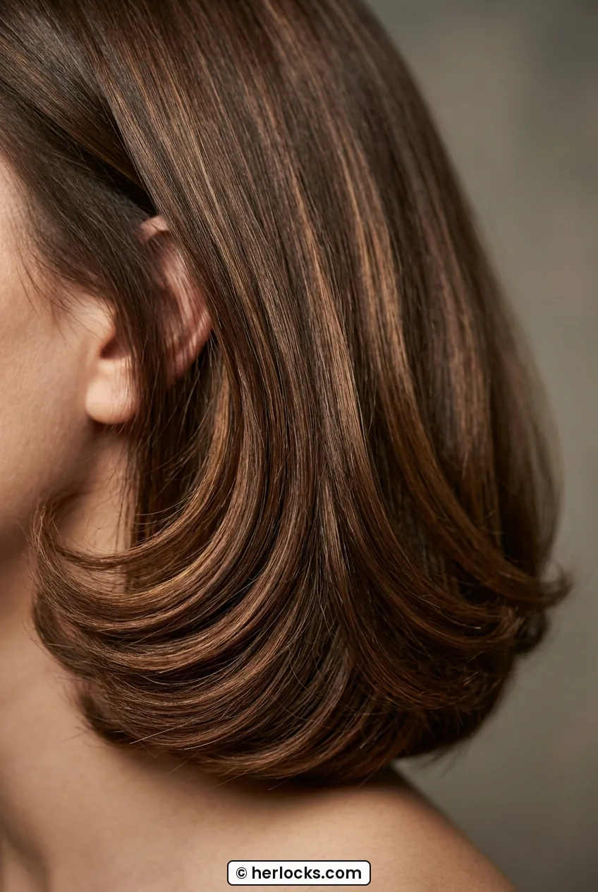Close-up of woman with bouncy blowout bob showing rounded ends curving under