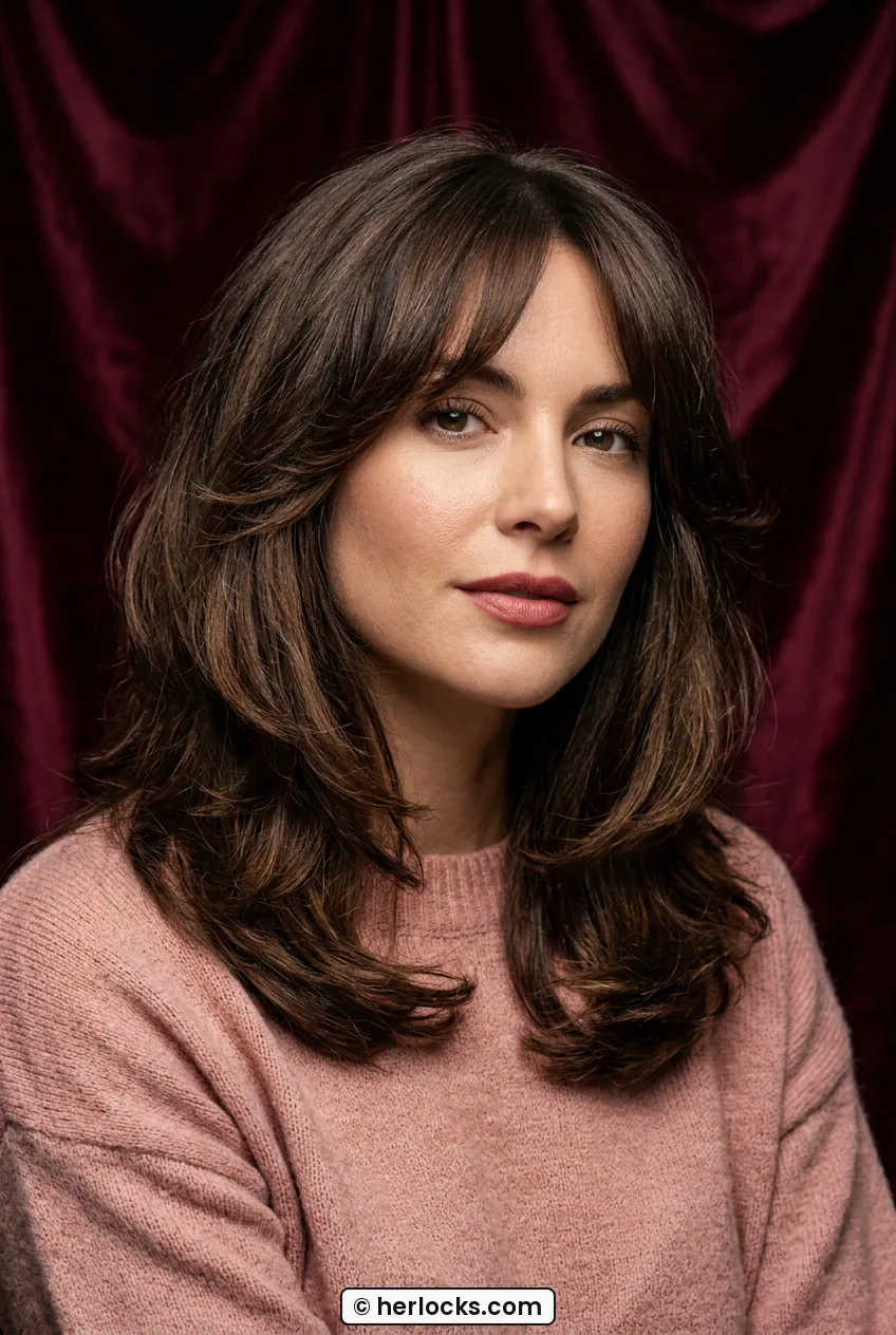 Woman with medium layered blowout and soft curtain bangs with bouncy volume front view