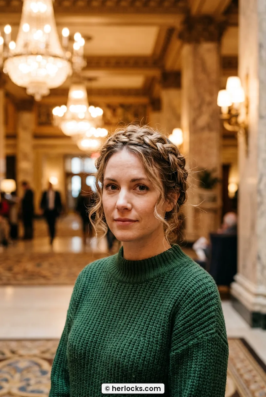 Woman with loose braided crown and soft curls wearing green winter dress