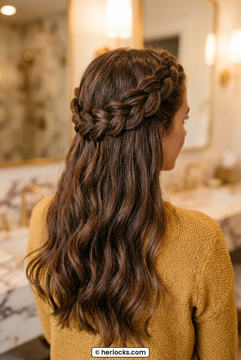 Woman seen over shoulder with braided crown melting into loose long waves