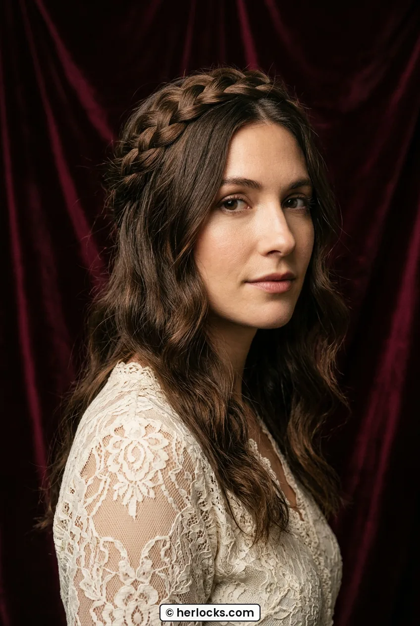 Woman with medium brown hair in braided crown with loose waves in three quarter view
