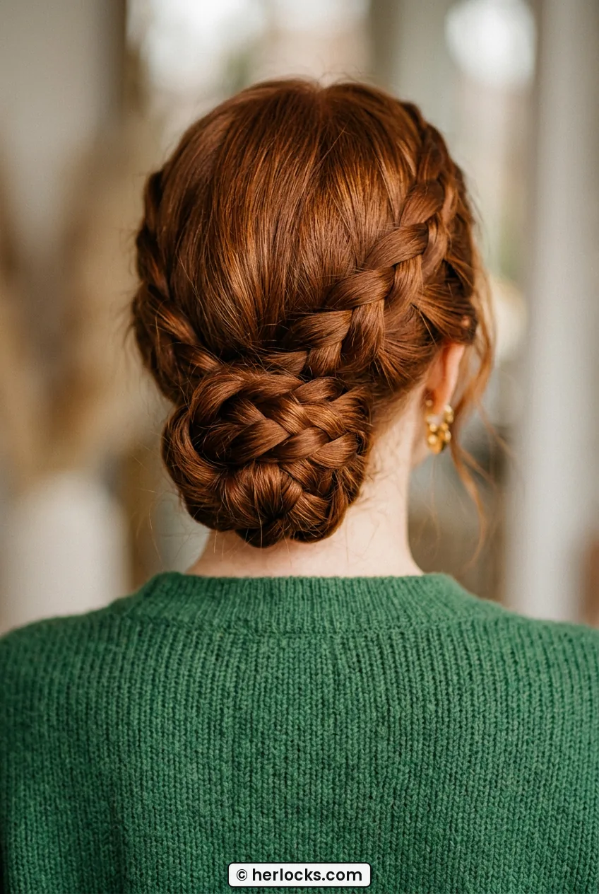 Woman with braided low bun on long auburn hair seen from behind
