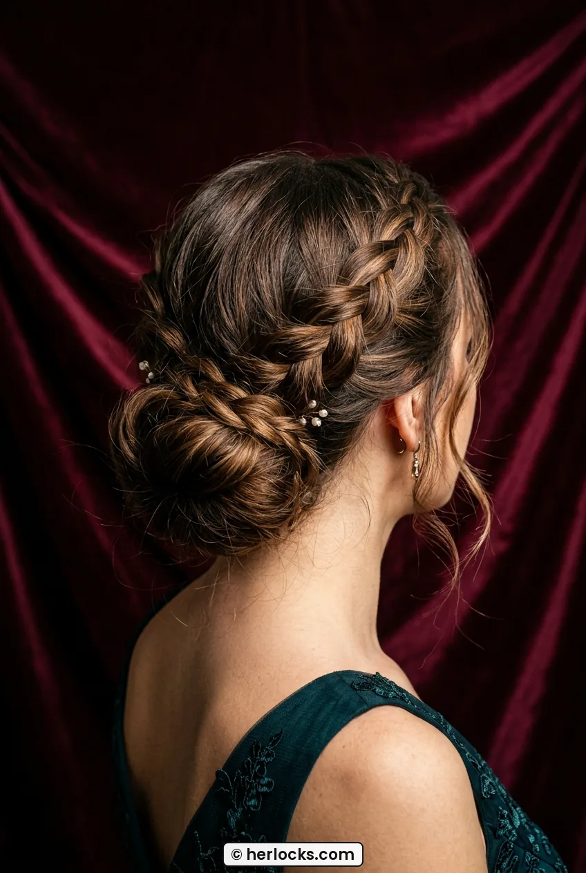 Back view of woman with Dutch braids feeding into tucked low bun