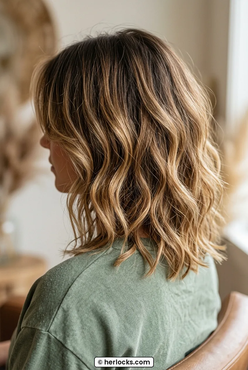 Woman with bronde shoulder-length shaggy bob showing soft waves from behind
