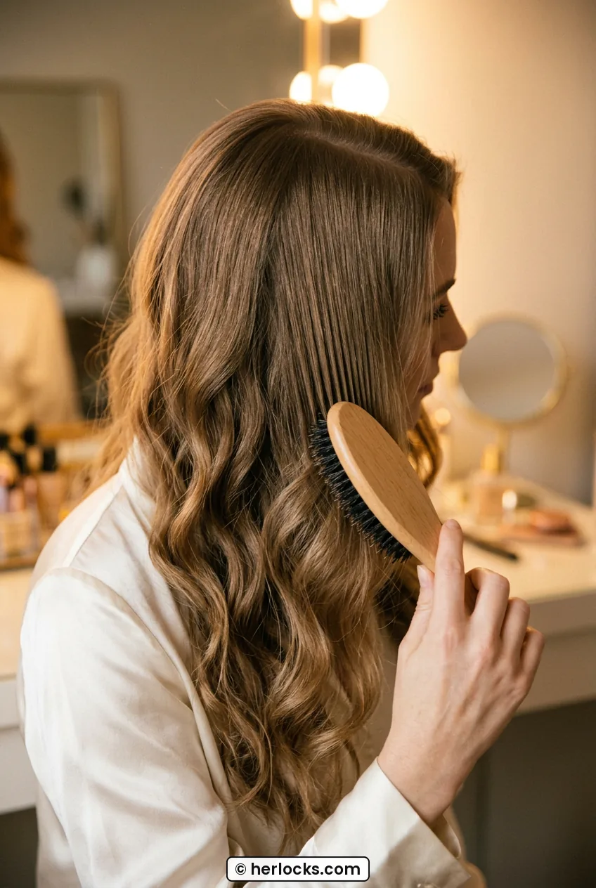 Woman brushing cooled curls into soft airy waves with paddle brush