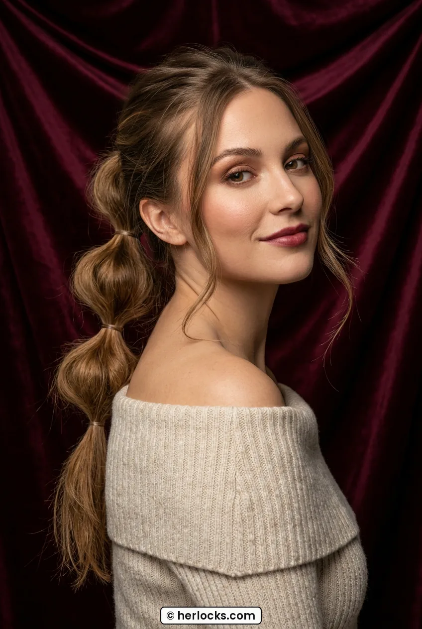 Woman with long bubble braid ponytail in casual three-quarter portrait