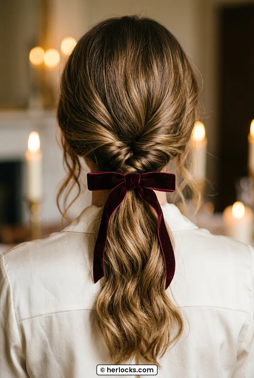 Woman with low twisted ponytail secured with burgundy velvet bow at nape