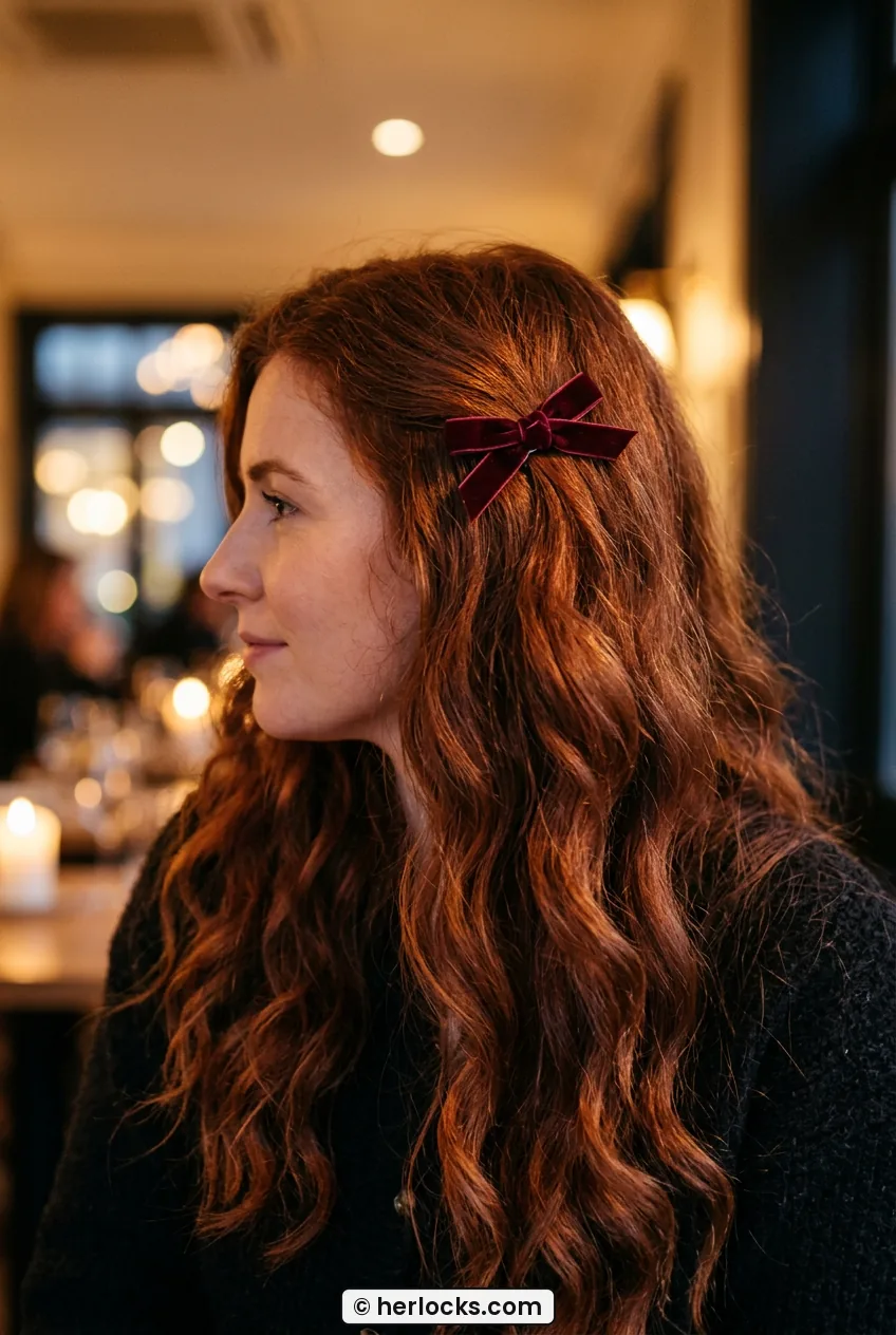 Woman with long auburn waves wearing small burgundy velvet bow clipped above ear