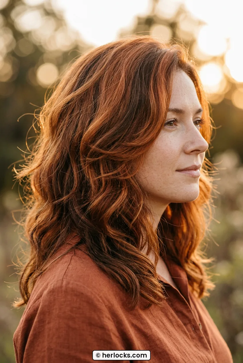 Woman with dimensional copper wavy medium hair shown from the side in warm light
