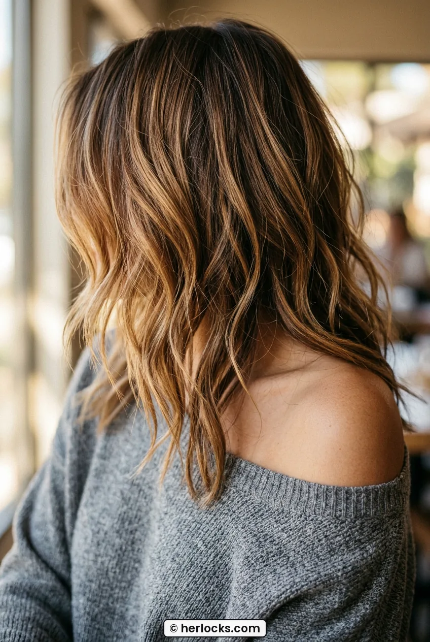 Woman with caramel balayage medium layered hair in tousled soft waves