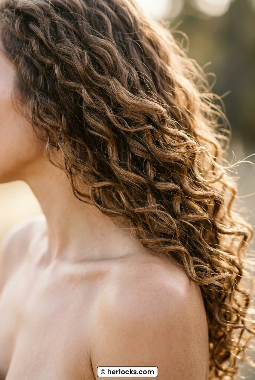 Side profile of woman with long caramel spirals cascading over bare shoulder