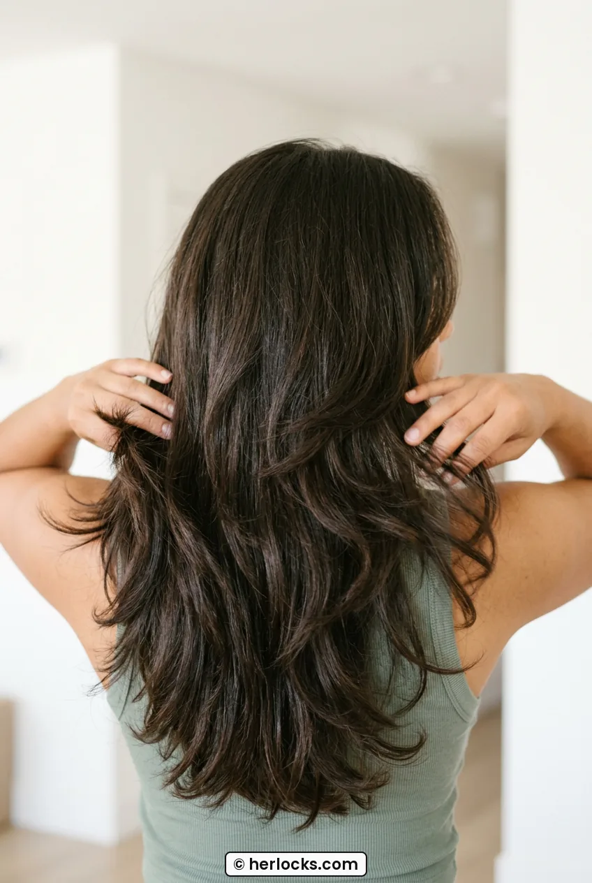 Back view of woman showing long cascading 90s layers with soft flicked ends