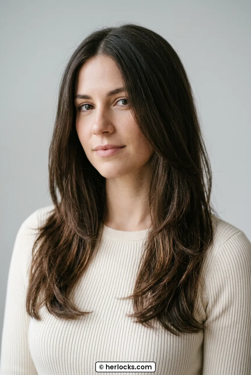 Woman with dark brown center part hair showing long blended layers to collarbone