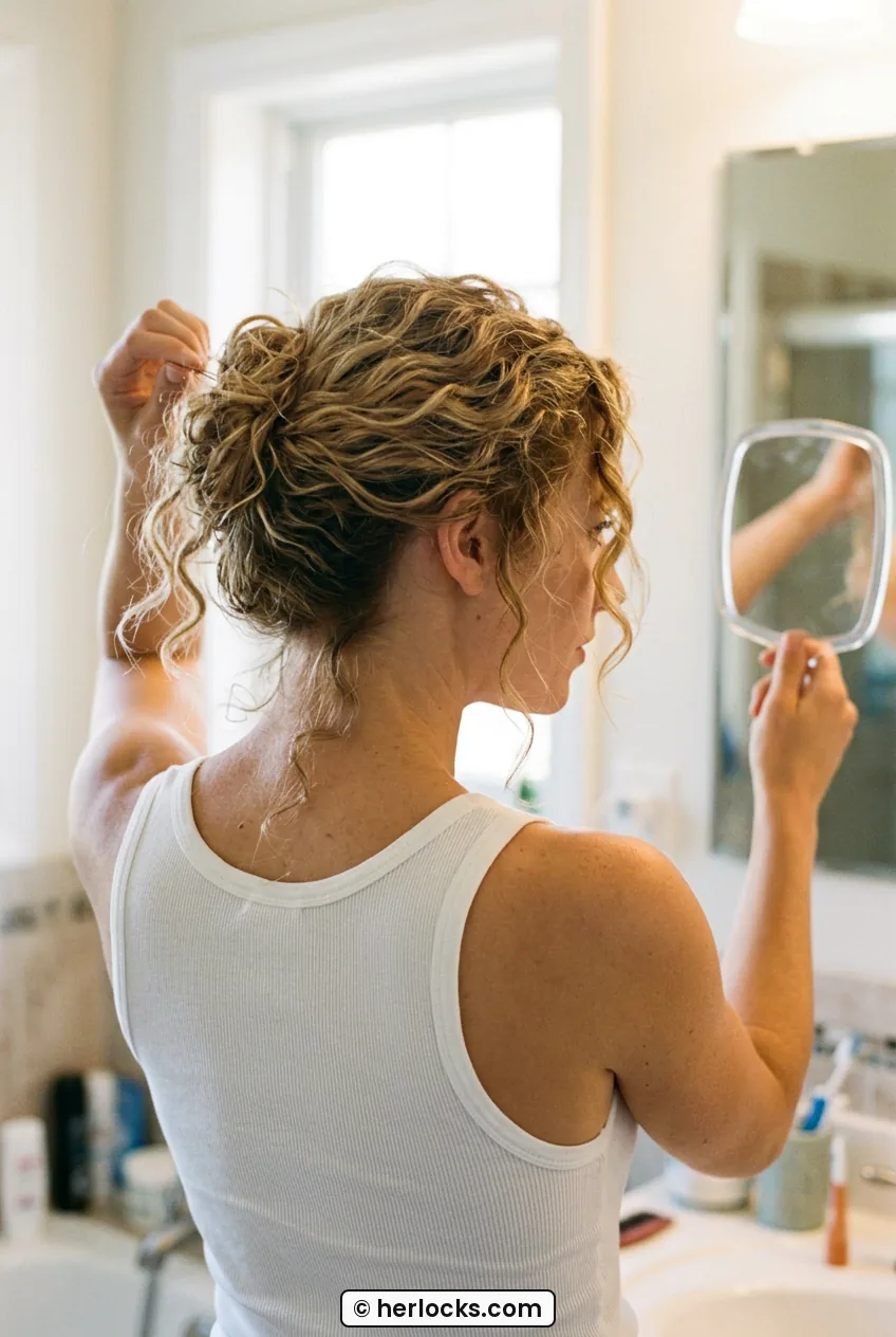 Woman with blonde curly updo checking back shape in small hand mirror