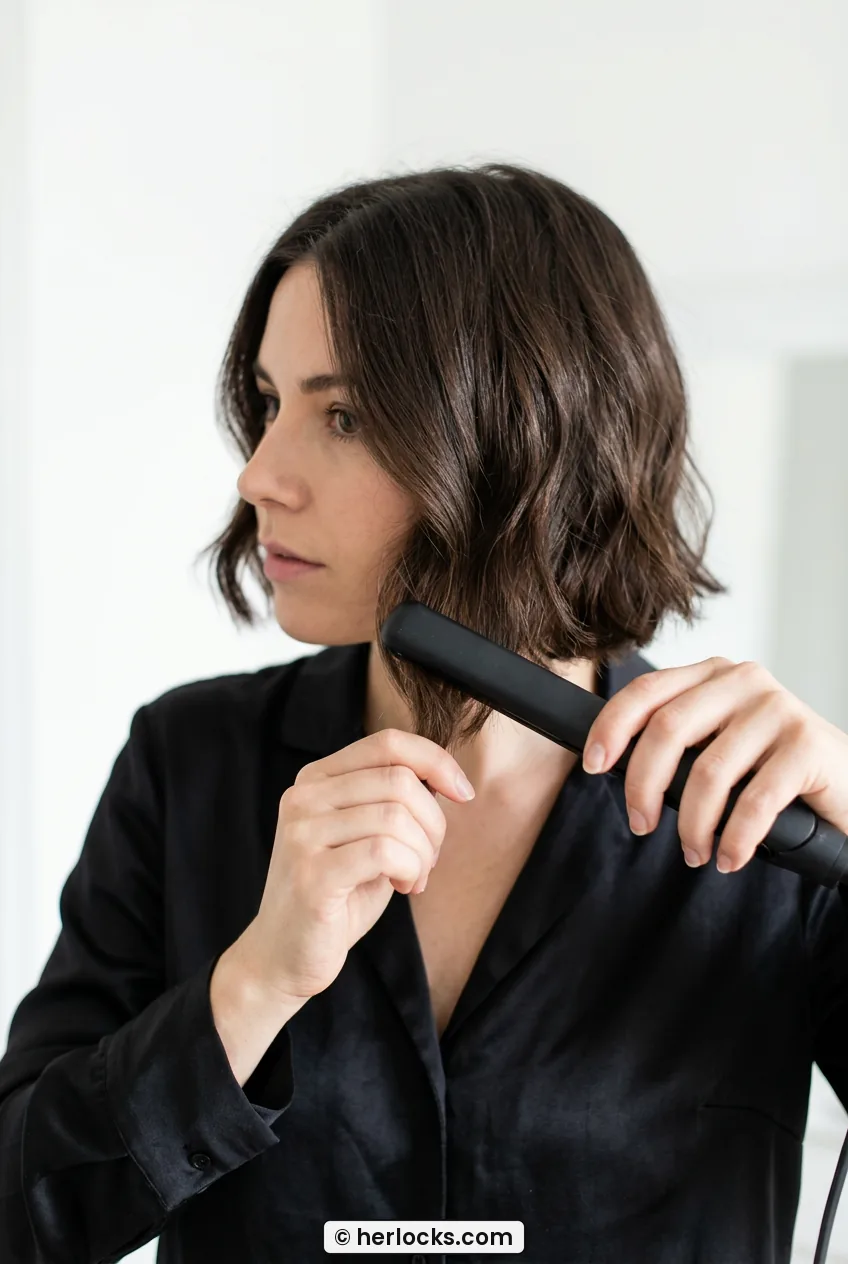 Woman creating soft cheek bend on chin-length bob with flat iron
