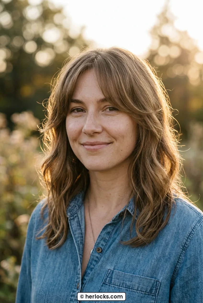 Woman with long cheekbone curtain bangs blending into soft medium layers outdoors