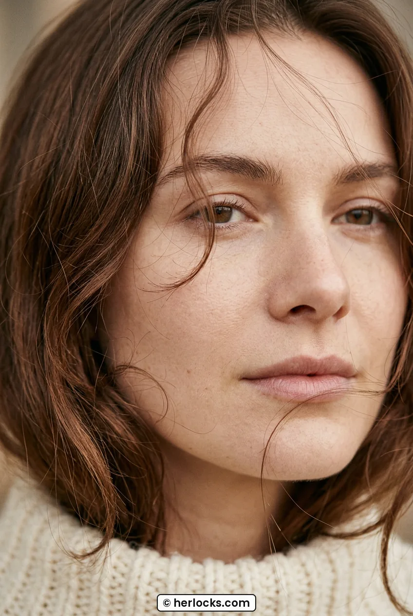 Tight crop showing brunette face framing tendrils curling around cheekbone and jawline