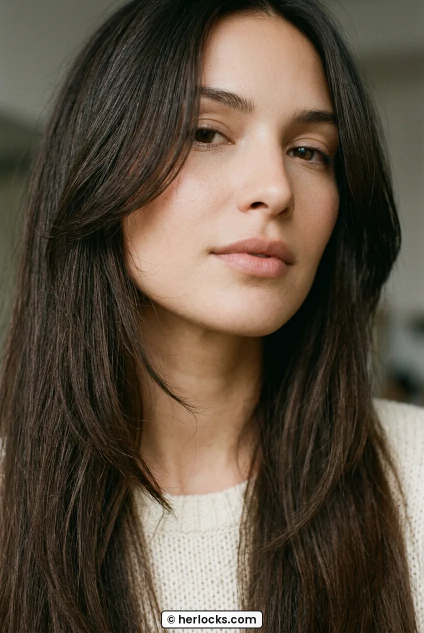 Close crop of woman with long dark brown hair showing face framing layers around cheekbone