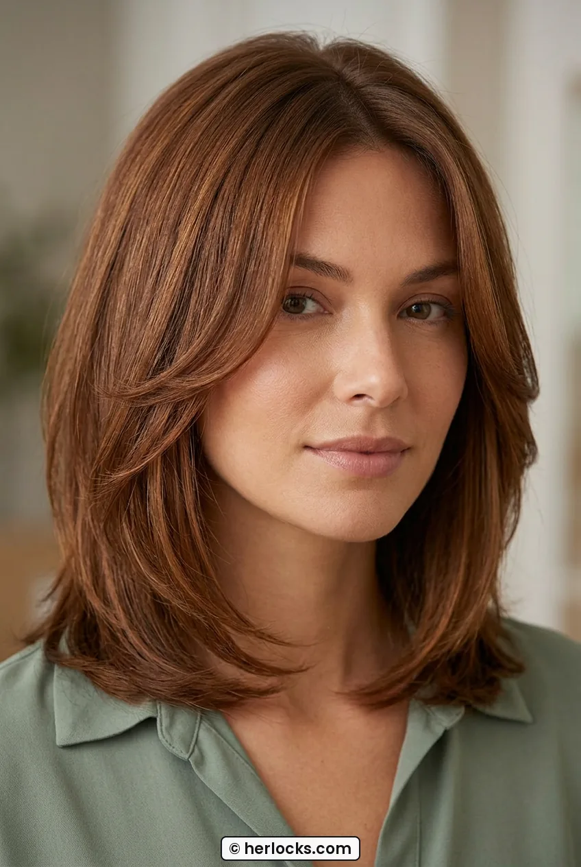 Woman with chestnut layered hair showing face framing pieces curling around cheek and jaw