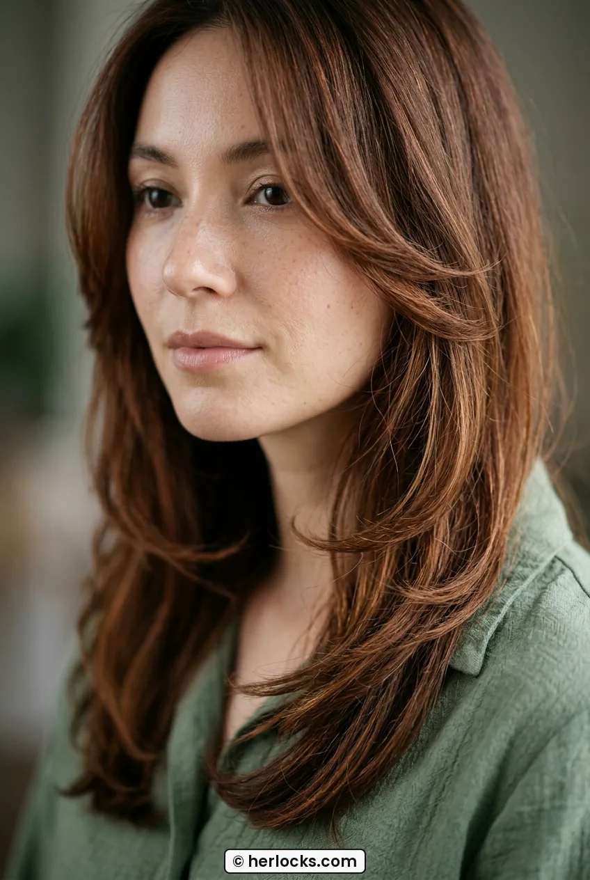 Woman with long chestnut layers falling past chin with ends curling under jawline