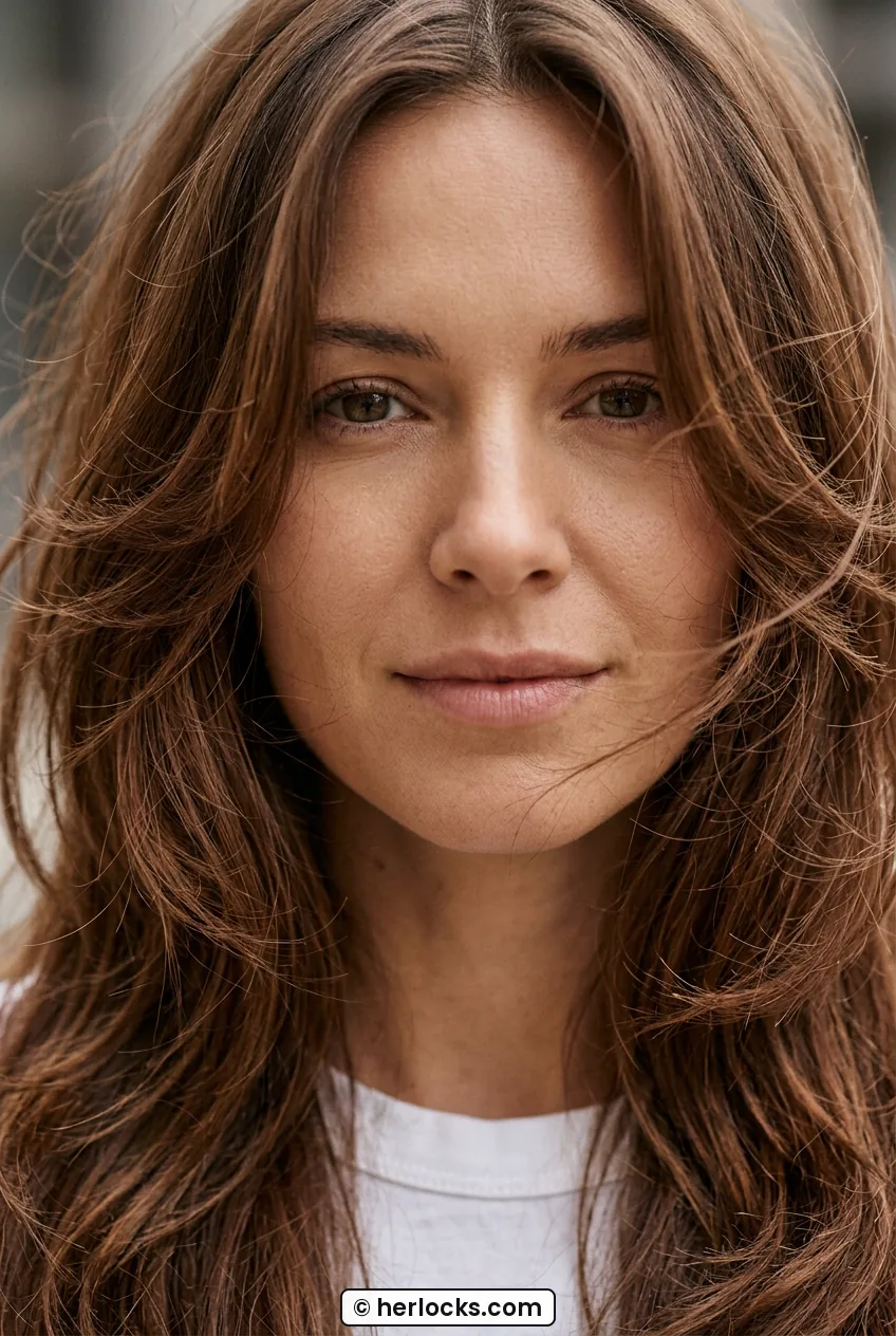 Front close crop of woman with medium long chestnut hair and wispy face framing layers