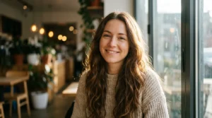 Woman with long chestnut loose waves standing by a bright cafe window with soft side light