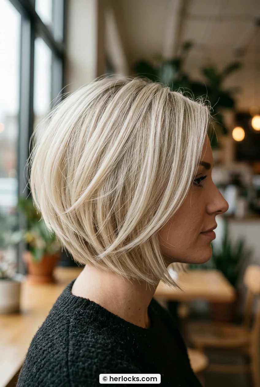 Woman with chin length blonde bob framing the jawline in side profile view