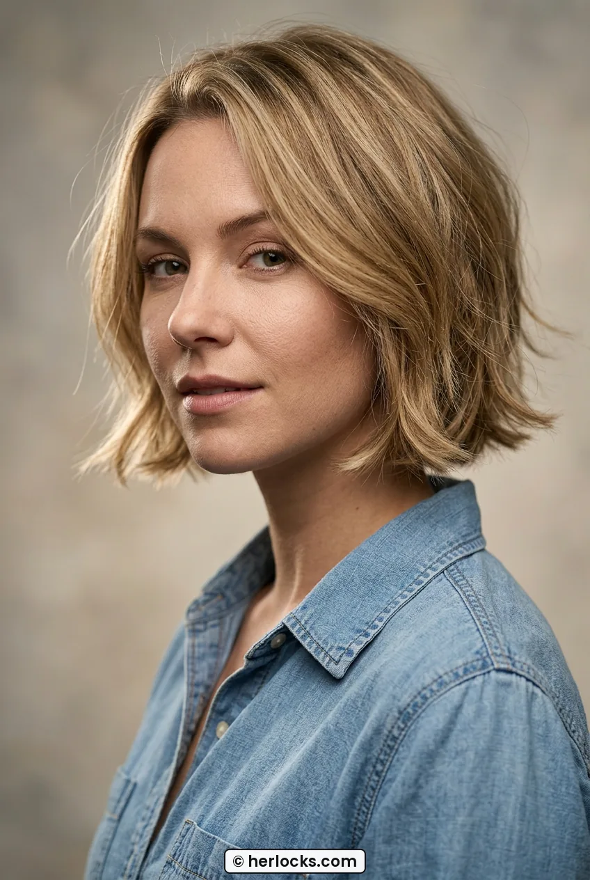 Woman with honey blonde layered bob showing soft outward flip at chin level