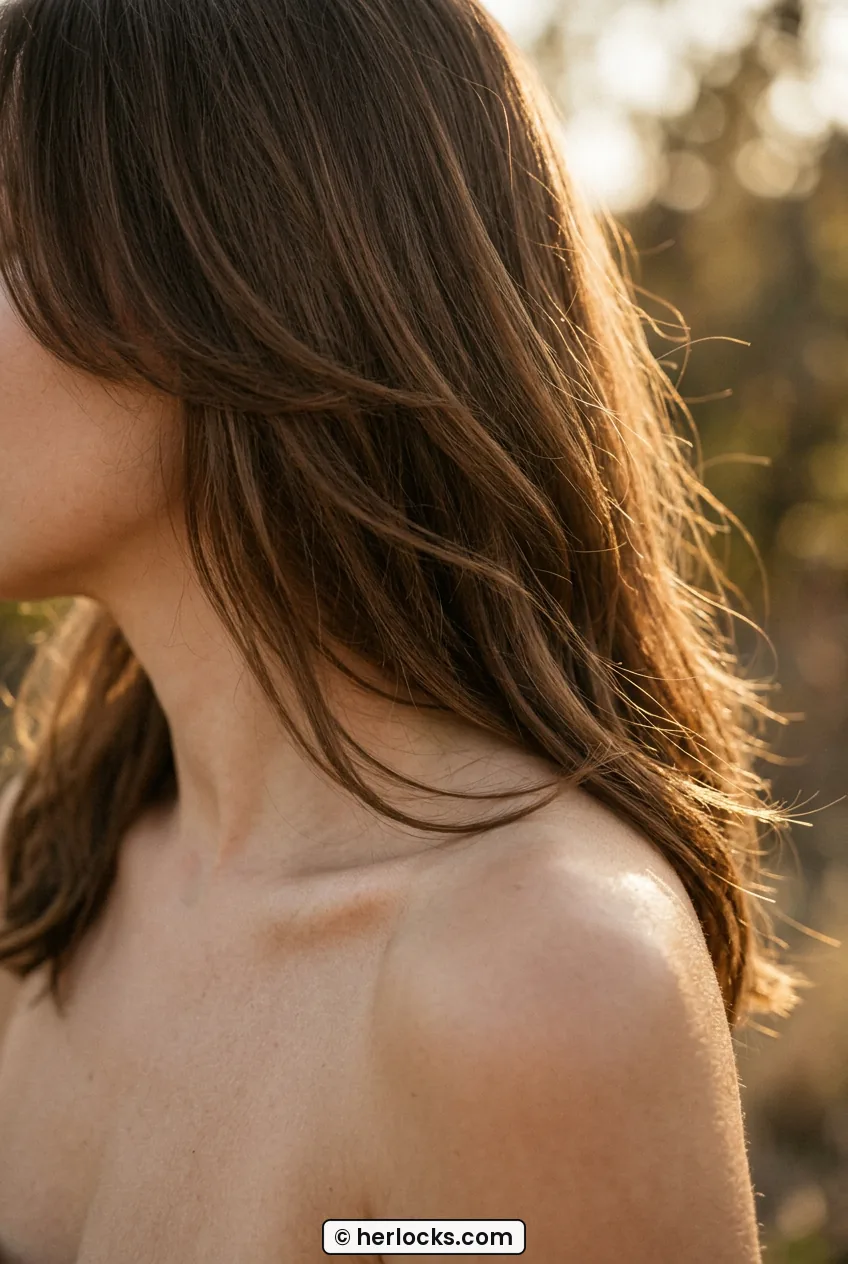 Close crop of woman with medium brown hair with chin layers over bare shoulder
