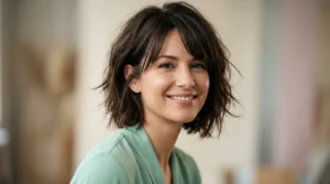 Woman with chin-length tousled layered bob and side-parted fringe in soft studio light