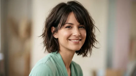 Woman with chin-length tousled layered bob and side-parted fringe in soft studio light