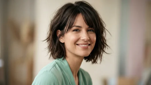 Woman with chin-length tousled layered bob and side-parted fringe in soft studio light
