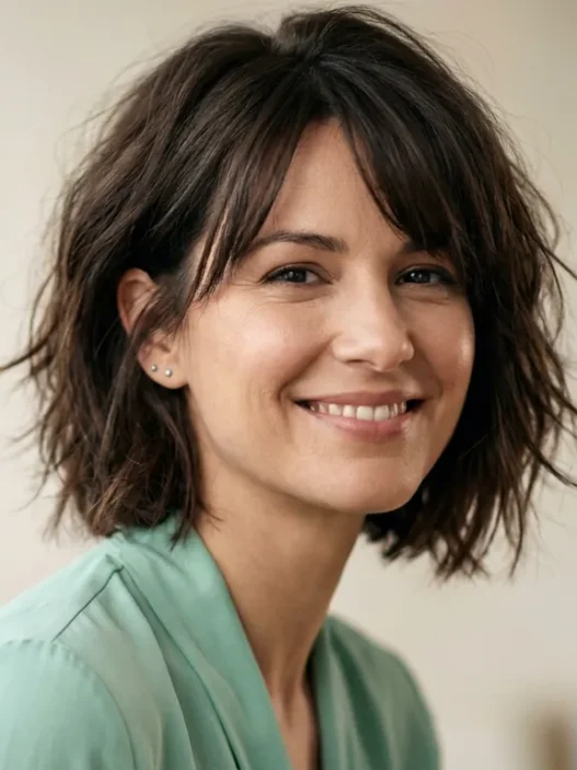 Woman with chin-length tousled layered bob and side-parted fringe in soft studio light