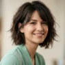 Woman with chin-length tousled layered bob and side-parted fringe in soft studio light