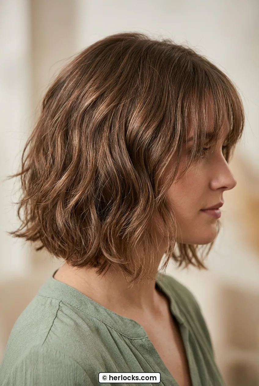 Close portrait of woman showing chin-length layered bob texture with lightly parted wispy bangs