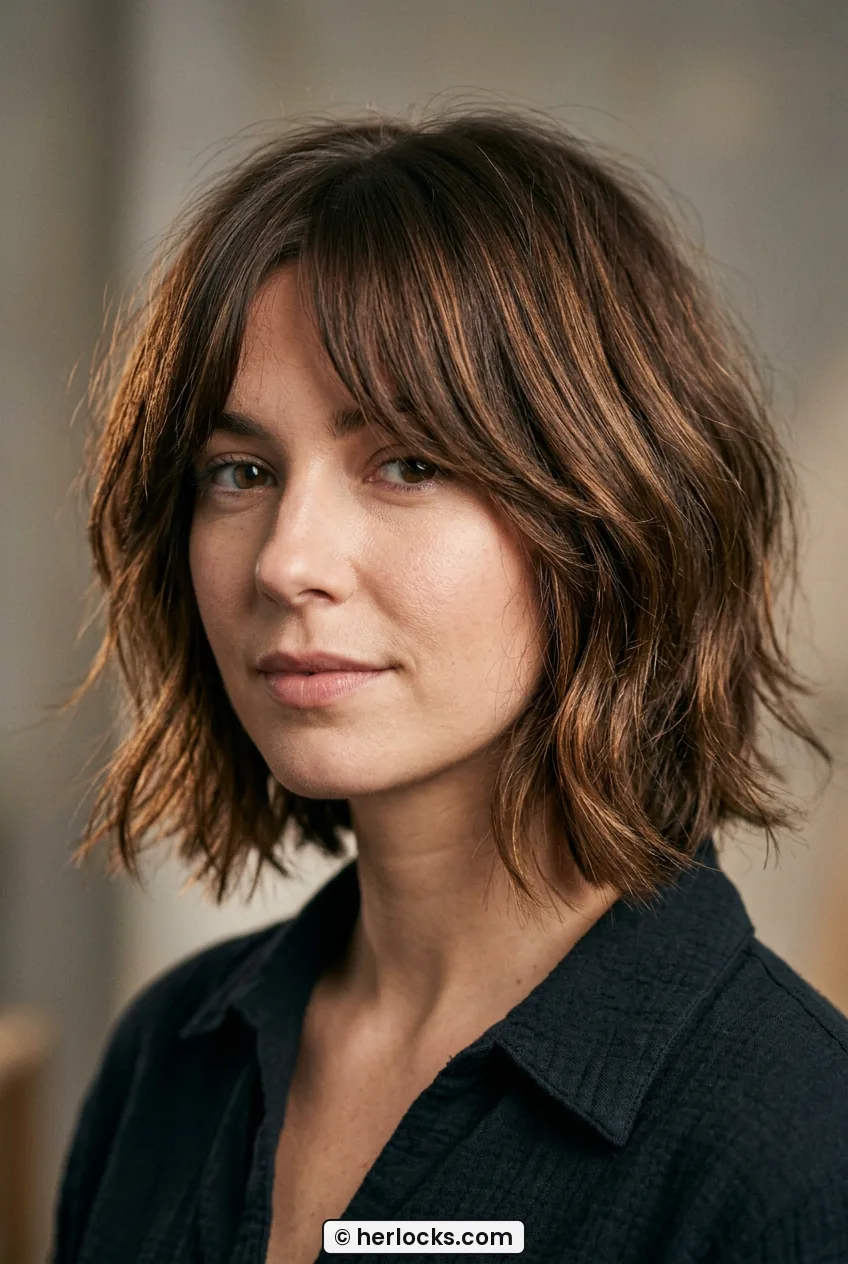 Woman with chocolate brown shaggy bob and curtain fringe in hero portrait